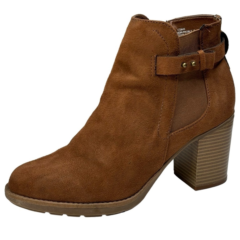 Sugar Cognac Faux Suede 3”Block Heeled Side Zip Ankle Boots Size 9 Like New
